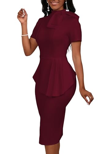 Image of PerZeal Women's Fashion Peplum Bodycon Short Sleeve Work Dresses Bow Club Ruffle Pencil Formal Cocktail Dress