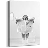 Funny Sloth Wall Art Funny Bathroom Wall Decor Black and White Animal Poster Cute Sloth on Toilet Read Newspaper Canvas Prints Paintings Pictures for Bathroom Bedroom 12x16in
