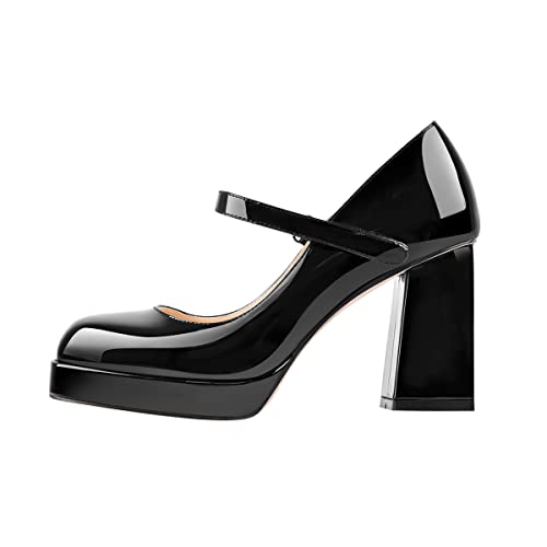 Mary Jane Square Platform Ankle Strap Chunky Heels Pumps