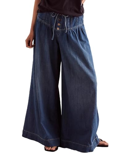 Women's Baggy Wide Leg Jeans Elastic Mid Waisted Drawstring Loose Fit Casual Denim Pants