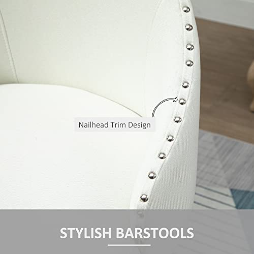 Homcom 26" Counter Height Bar Stools, Linen Fabric Kitchen Stools With Nailhead Trim, Rubber Wood Legs And Footrest For Dining Room, Counter, Pub, Set Of 2, Cream White #TOP5