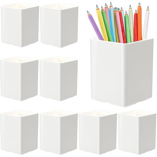 Image of Jutom 8 Pcs White Acrylic Pen Holder for Desk, Pencil Cup Bulk Makeup Brush Storage Organizer, Desktop Pencil Cup Stationery Desktop Stationery Organizer for Office School Home Supplies