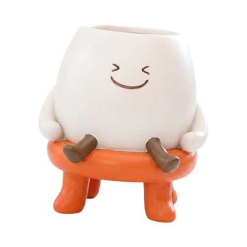 Image of Cute Face Plant Pot with Stool, Funny Resin Planter with Legs, Small Indoor Succulent Flower Pot for Desk, Living Room, Office Decor, Decorative Head Planter, Orange
