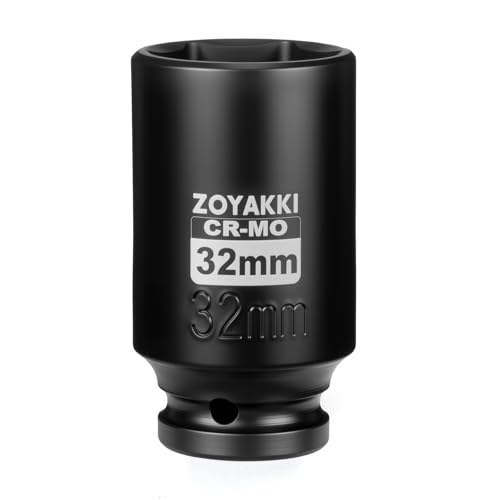 ZOYAKKI 1/2 Drive x 32 mm Deep 6 PT Impact Socket CR-MO 1/2-inch Drive 6 Point Axle Nut Socket for Easy Removal of Axle Shaft Nuts (Metric 32MM)