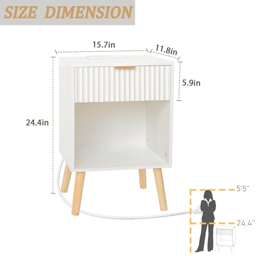Image of Fultyle White Nightstand with Charging Station, Mid Century Modern Bedside Table with Drawers and Outlet, Side Tables Living Room, Wooden Night Stand for Bedroom, Office (White)