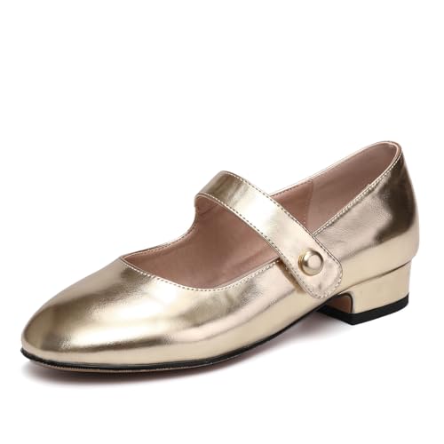 AOQUNFS Girl's Ballroom Latin Dance Shoes Slip On Dress Mary Janes Ankle Strap Low Heel Pumps,DS-18070