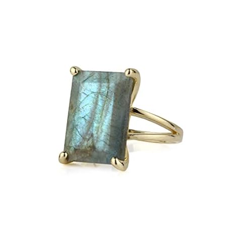 Rectangle Labradorite Ring - Fascinating Gemstone Cocktail Rings in 14k Gold - Statement Jewelry for Women - Handmade Customizable Birthstone Fashion for Her - All Ring Size Available Cover
