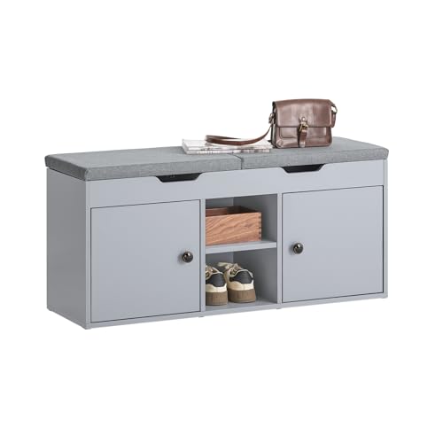 SoBuy Banco Zapatero con Asiento y Almacenaje - Banco Recibidor con 2 Puertas, Estantes y Compartimentos Ocultos - Ideal para Entrada, Dormitorio - Cojín Acolchado, 150kg, Gris, 100x34x48cm FSR96-DG