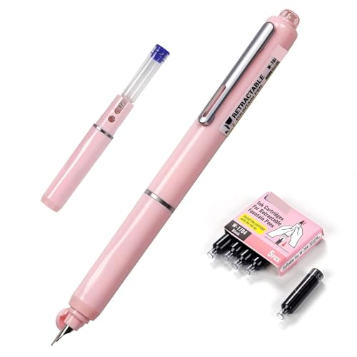 Image of GOLD LEAF 0.38mm Retractable Fountain Pen - Blue Ink, Plastic Body - Leak-Proof Writing Pen with 5 Refill Cartridges Included (light Pink)