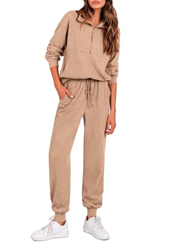Image of PRETTYGARDEN Women 2 Piece Ribbed Knit Matching Lounge Sets | Comfy Sweat Track Suits, Athleisure Casual Outfit, Half Zip Sweatshirt & Jogger Pants, Fall Winter Clothes for Airport Travel