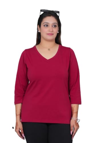 Image of Mlada V-Neck Cotton 3 /4th Sleeves Tshirt for Women | Stretchable Regualr Fit Solid Cotton Tshirts | Casual 3 /4th Sleeves Tshirts for Women Office Wear | Solid Round Neck Tshirt