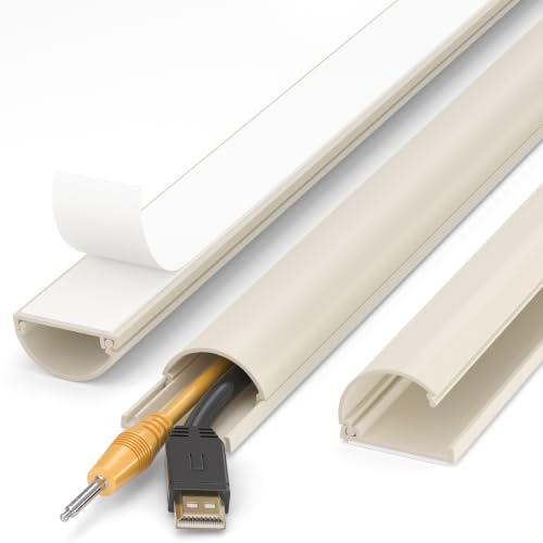 Image of ZhiYo 56in Cord Hider for 2-3 Wall-Mounted TV Wires, 1.2 inchW x 0.55 inchH, Beige | Split-Hinge Design for Easy Installation, Half-Round Glazed Finish Ideal for Wall /Baseboard, Self-Adhesive, 4Pack(14.2 inch Each)