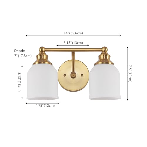 Image of JONATHAN Y 14 inch Brass Gold /White Modern Farmhouse LED Vanity Light Wall Sconce Fixture, Frosted White Glass Shade, Dimmable Wall Lamp for Bathroom Mirror Kitchen Sink, UL Listed (JYL7550B)