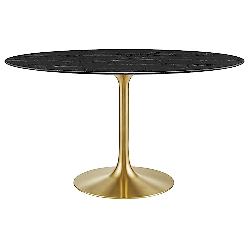 Image of Modway Lippa Oval 54 inch Artificial Marble Mid-Century Modern Dining Table, Gold Black