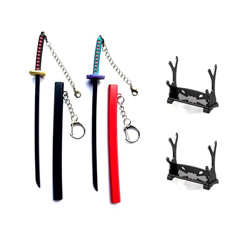 ixampoun Mini Samurai Sword Keychain 2-Piece Metal Letter Opener Set with Display Stand Decorative Gift (Black2)