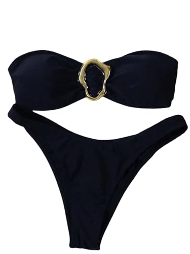 SHENHE Women's 2 Piece Strapless Swimsuits High Cut Metal Ring Tube Top Bandeau Bikini Set