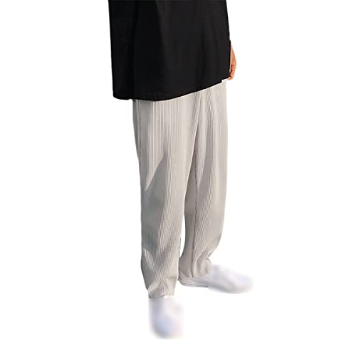 Pantalon droit plissé homme soie glacée coupe large taille élastique décontracté gris