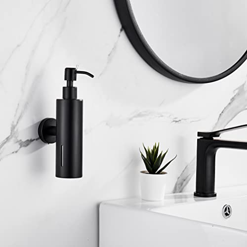 BATHSIR Matte Black Soap Dispenser, Refillable Shower Soap Dispenser Wall Mounted, Stainless Steel Clear Hand Soap Dispenser with Pump for Bathroom Kitchen Sink Dish(Round 200ML)