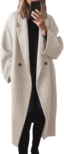 SAUKOLE Womens Oversized Winter Coats Warm Wool Blend Pea Trench Coat Notch Lapel Outerwear with Pockets