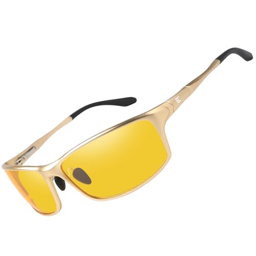 Image of BIRCEN Night Vision Glasses for Driving: Al-Mg Metal Yellow Anti-Glare Night Glasses Reduce Eye Strain for Drivers Rain Fog Snow