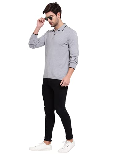 Image of Kalt Mens Basic Solid Full Sleeves Polo Cotton Blend Knitted Regular Fit Polo-Neck T-Shirts with Collar Stylish