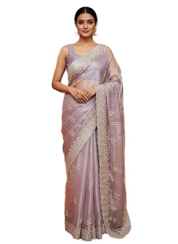 Image of Glory Sarees Women's Organza Chiffon Embroidery Work Scallop Border Saree With Blouse Piece (Chiffon101 Parent)