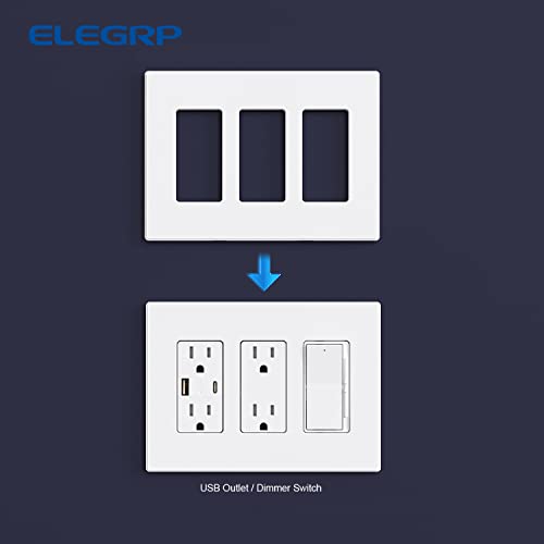 Image of ELEGRP 3-Gang Screwless Decorative Wall Plates, Mid-Size Unbreakable Thermoplastic Faceplate Cover for Decorator Receptacle Outlet Switch, UL Listed (5 Pack, Matte White)