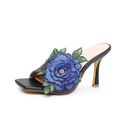Women Square Toe Stiletto Flower Heels Elegant Floral Embroidered Slip On High Heels Mules Sandals Wedding Party Dress Shoes3