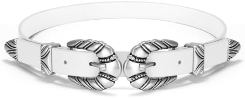 VONMELLI Western Leather Belts for Women Jeans Dress White Cowgirl Thin Ladies Belt with Double Sliver Buckle, S