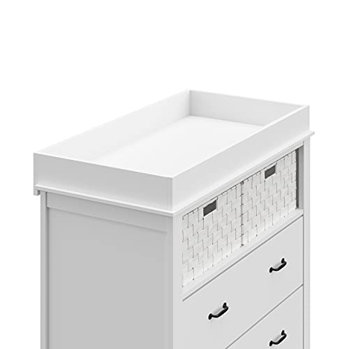 Storkcraft Forrest 2 Drawer Changing Table Chest With Baskets, Attached Changing Topper Fits Standard Size Changing Pad, 2 Drawers And 2 Open Shelves, White #TOP7