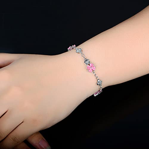Image of JIANGXIN Lucky Four leaf clover 925 Sterling Silver Birthstone Chain Link Bracelet for Women Gemstone Jewelry Shamrock Birthday Gift 16+4cm