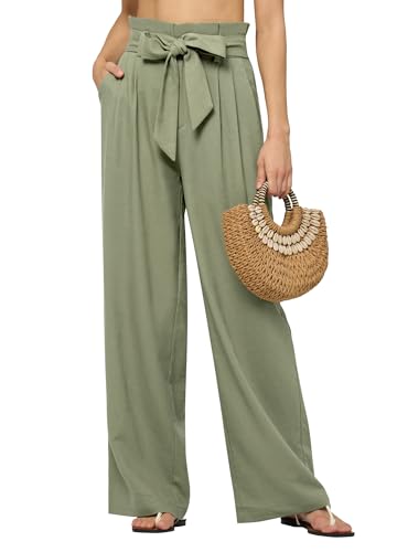 Women Linen Pants 2025 Paperbag Wide Leg Dress Pants High Waisted Work Slacks Tie Knot with Pockets 28