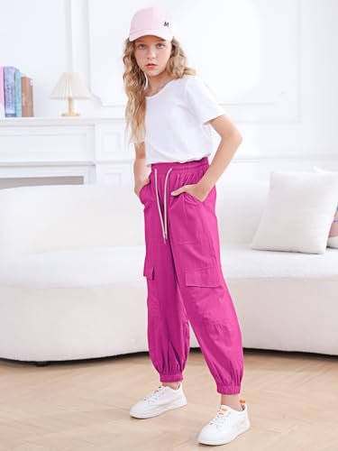 Image of Girls Cargo Pants Elastic Waist Casual Jogger Pants for Girls Streetwear Loose Parachute with Pockets 7-14Years