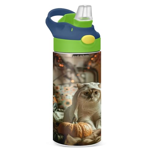 Takiito Halloween Cat in Costume 12 oz Stainless Steel Kids Water Bottle with Straw, Vacuum Insulated Water Bottle for Boys Girls, BPA Free &...