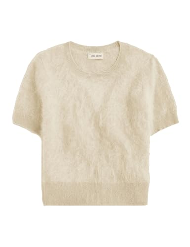 Tiko Miko Women's Furry Cropped Sweater Short Sleeve Soft Fuzzy Sweater T Shirt Loose Casual Knit Pullover(0585-Cream-S)