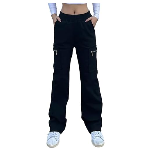 Nuofengkudu Anchous Pantalones Cargo Mujer Elasticos Cintura Alta Cremallera Bolsillos Largos Sueltos Pantalón Trabajo Joven Moda Comodo Punk Gotico Casual Street Pants Negro M