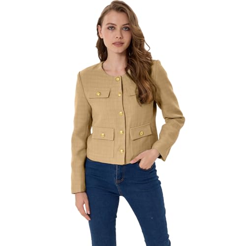 Women's Tweed Jacket Cropped Blazers Spring Summer Round Neck Business Work Office Plaid Jacket2