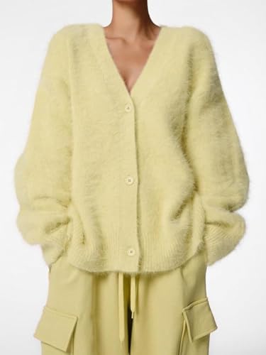Image of Womens Fuzzy Sweaters Cardigan V-Neck Button Down Oversized Mohair Sweater Casual Y2k 2026 Fall Winter