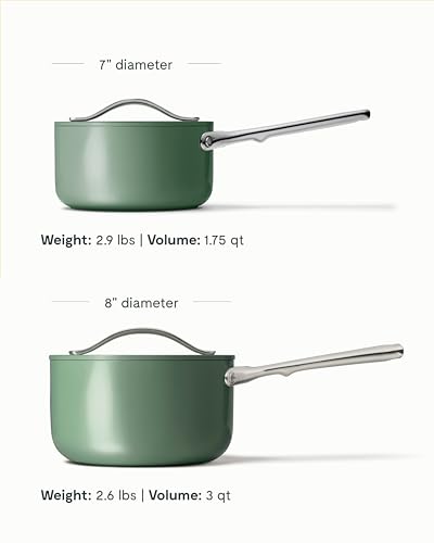 Image of Caraway Nonstick Ceramic Sauce Pans with Lids (3 qt & 1.75 qt) - Non Toxic, PTFE & PFOA Free - Oven Safe & Compatible with All Stovetops (Gas, Electric & Induction) - Sage