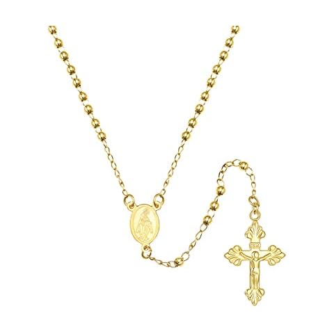 Juvux Cross Necklace Rosary Beads Catholic, Christian Gifts Cross Necklace with Gift Box, Rosary Necklace, Y Necklace Chain for Women Men -20 Inch (Gold) Cover