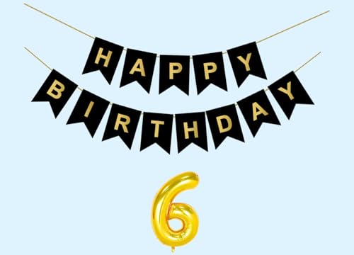 Image of Mystic Toy Store 6th Happy Birthday Decoration Kit Black for 6 year Old Boys Girls Kids Twins with Number SixParty Decorations Decor Celebration Items Item Set Combo Reusable Paper Banner