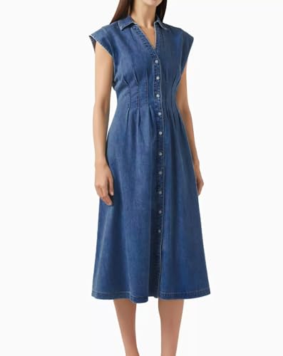 Women's Summer Denim Shirt Dress Lapel V Neck Cap Sleeve Jean Dress Button Down A-Line Long Dresses3