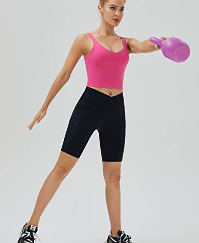 Image of Oalka Sports Bra Womens Longline Padded Crop Yoga Tank Tops | Built in Bras, Workout, Athletic, Fitness, Super Soft, Comfort, Cropped Top, Removable Pads, Heart Neckline For Women