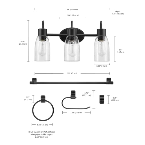 Image of Globe Electric 63000205 5-Piece All-in-One Bathroom Accessory Set with 19 inch 3-Light Vanity Light, Matte Black, Seeded Glass Shades, Towel Bar, Robe Hook, Toilet Paper Holder, Towel Ring, Powder Room