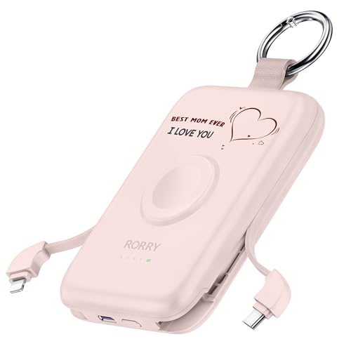 Image of RORRY CharmGo Portable Charger, 10000mAh 20W Fast Charging Portable Charger Power Bank with Built in Cables, Travel Battery Pack for iPhone 17 /16 /15 /14 /13 /12 and Apple Watch, Mom-Pink