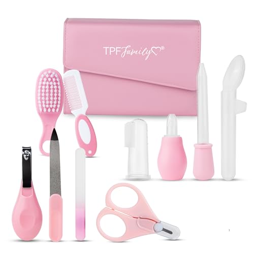 TPF Family Set Cuidado Bebé – en rosa – Kit bebe recien nacido con tijeras, aspirador nasal y cepillo – Kit higiene bebe para rutina diaria y básicos de aseo para recién nacidos.