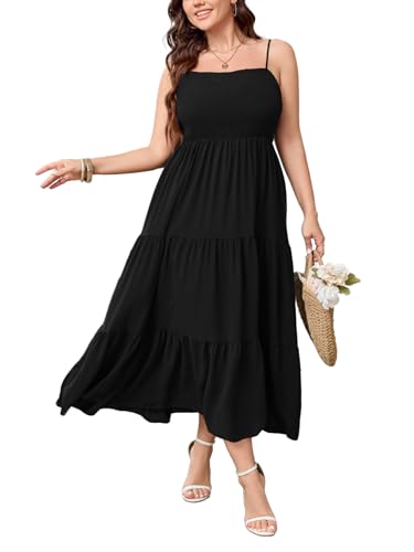 SCOMCHIC Women's Plus Size Summer Maxi Dress Sleeveless Spaghetti Strap Smocked Casual Boho Tiered Long Beach Sun Dresses