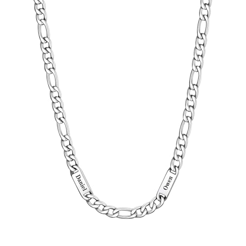 Custom4U Personalized Stainless Steel Figaro Chain for Men Women, 5mm/7mm Width Engraving 1-5 Names Figaro Chain Necklace, Steel/14K Gold Plated/Black Fathers Day Gift Hip Hop Jewelry+Send G