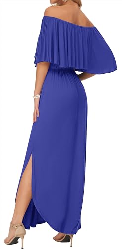 Image of AUSELILY Womens Off Shoulder Ruffle Split Summer Maxi Dresses with Pockets | Off-shoulder Ruffle dress with empire waist & side split for summer beach and casual parties