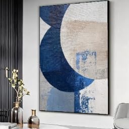 XBTYKPB Abstract Blue Circles Canvas Wall Art, Geometric Painting, Textured Neutral Home Decor, Contemporary Blue Beige Canvas(60x80cm/Inner Frame)